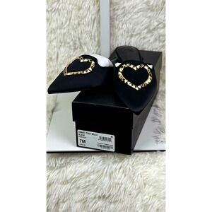 AAJ by Aminah Aviva Heart Flat Mules Womens 7M Black Satin Gold Studded NIB